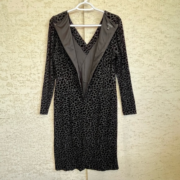 Talbots Black Burnout Velvet Faux Wrap Dress Cheetah Jacquard V-Neck Sz L Sheath - Picture 13 of 16